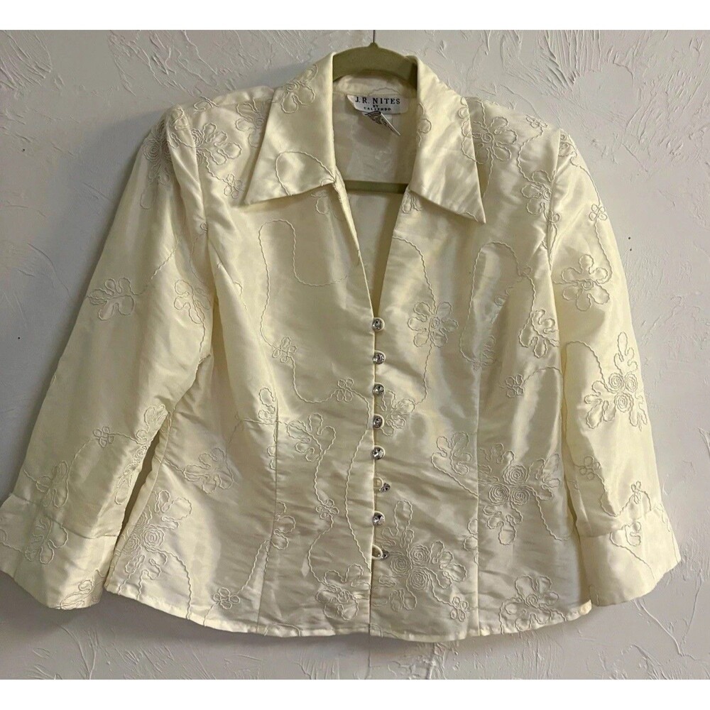 J.R. Nites by Caliendo Ivory Floral Embroidered Lined Blazer 3/4 Sz 12